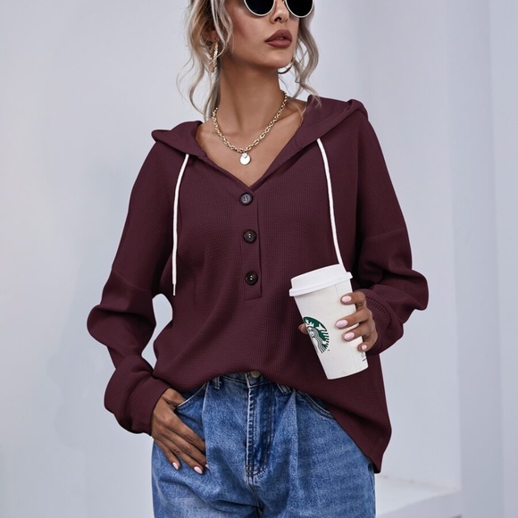 Button up oversized waffle long sleeve hoodie top - Picture 2 of 11